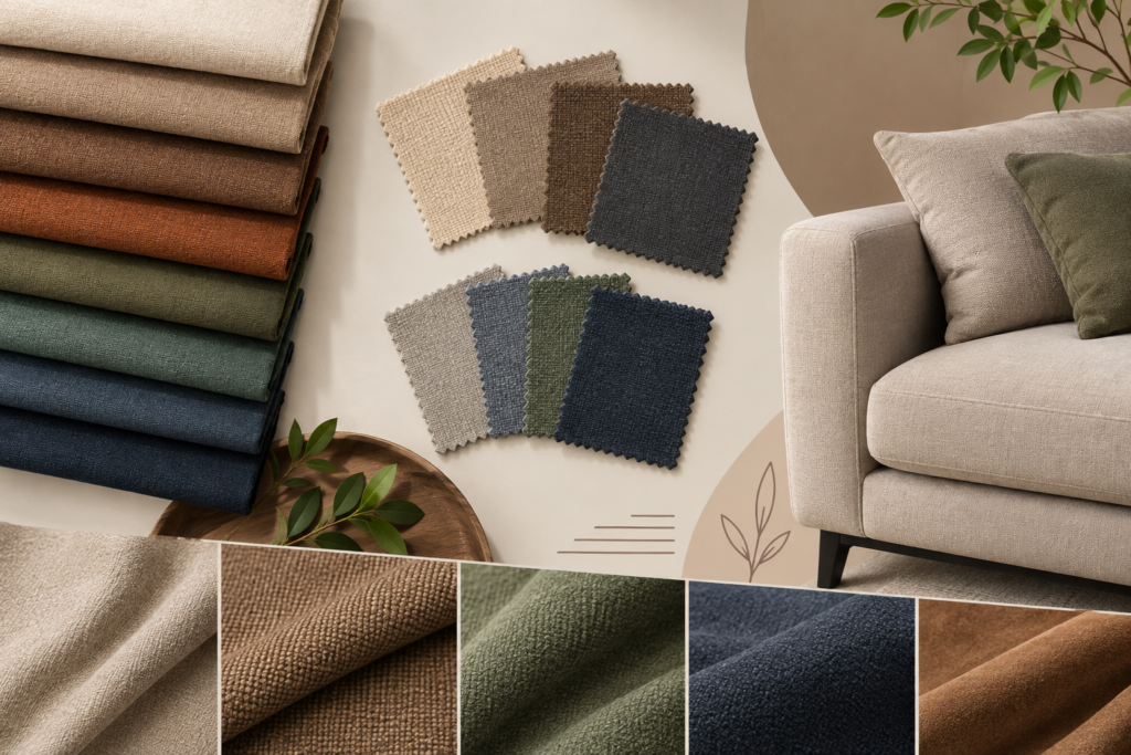 Premium sofa upholstery fabric swatches in neutral and earthy colors for furniture furnishing