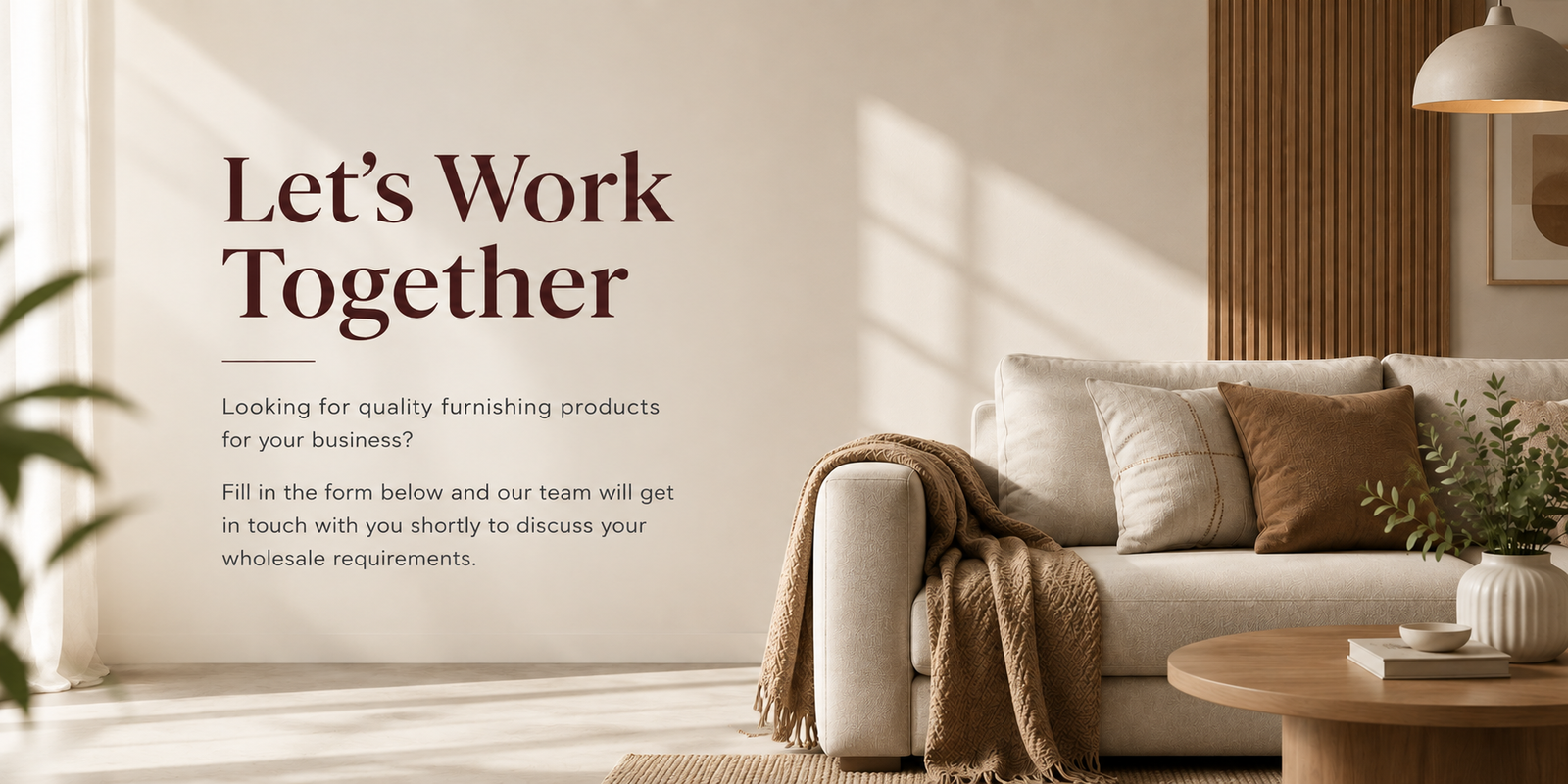 Warm minimalist living room with cream sofa and elegant interior for Dream Furnishers wholesale partnership page